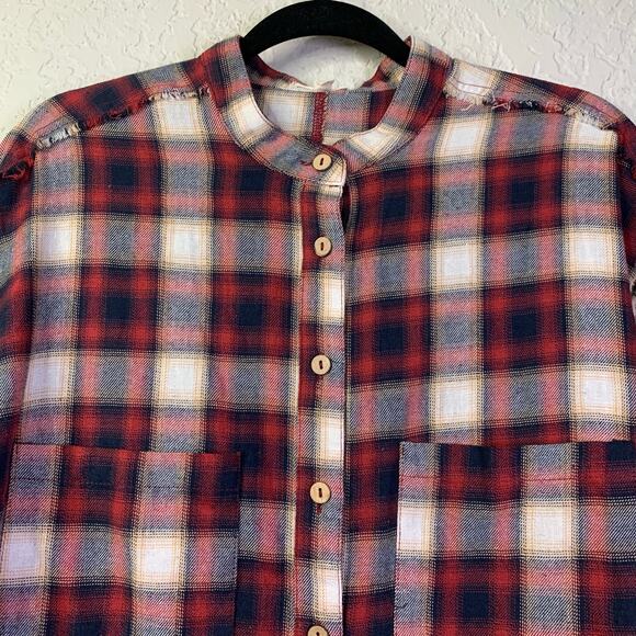 EASEL Shirt Dress Medium Plaid Flannel Drop Shoulder Balloon Sleeve‎ Raw Hem - Picture 4 of 13